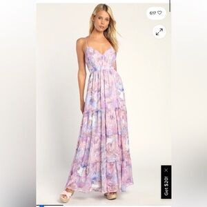 Make Me Blush Lavender Floral Print Tiered Maxi Dress Wedding Guest Dress